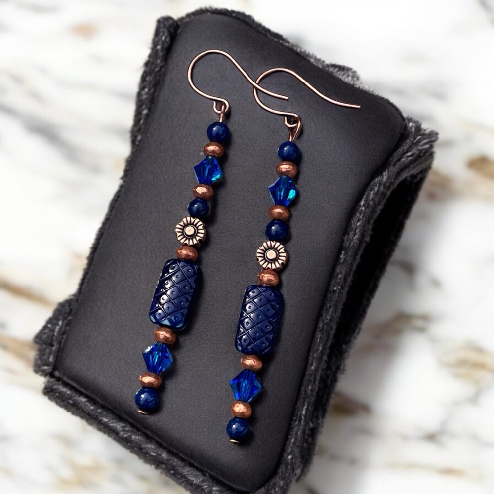 Handcrafted Blue and Copper Beaded Earrings - Picture 10 of 11